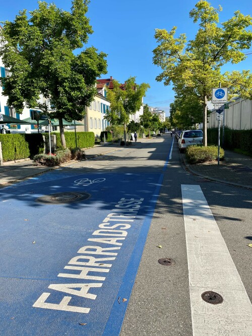 Blau eingefärbte Fahrradstraße in Konstanz