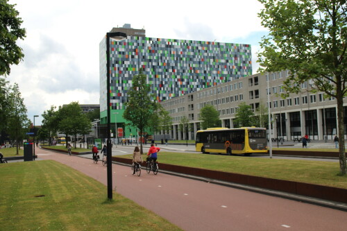 Niederlande / Utrecht: Unicampus De Bilt: Breite Radfahrbahn an der Straße Heidelberglaan. Rechts dahinter eine Busspur mit zwei Richtungsfahrbahnen.
